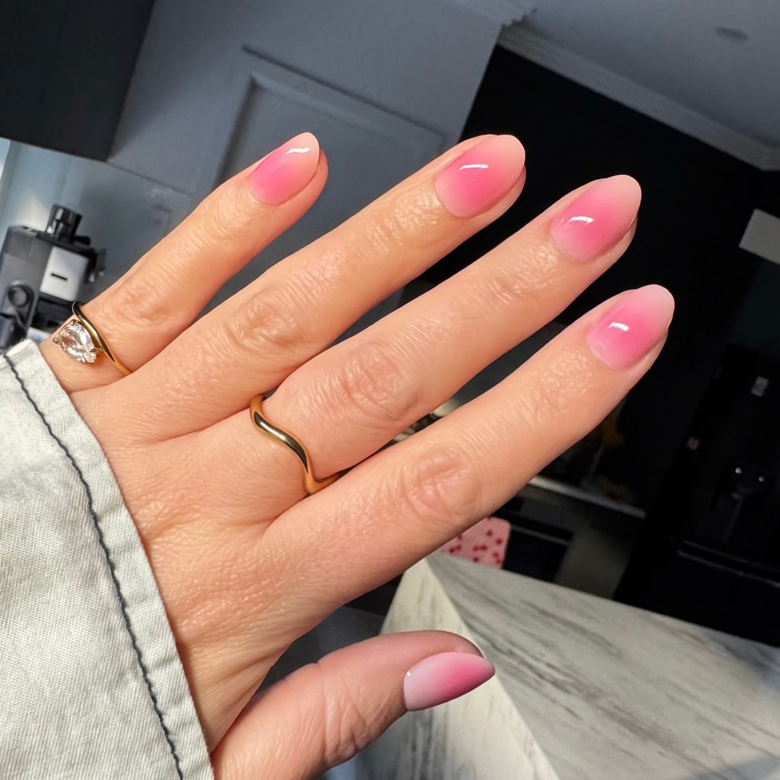 Instant Mani Co blush press on nails in kitchen