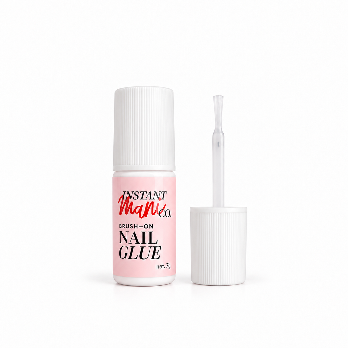 Instant Mani Co. Brush-On Nail Glue bottle with its cap off and applicator brush visible, on a clean white background.