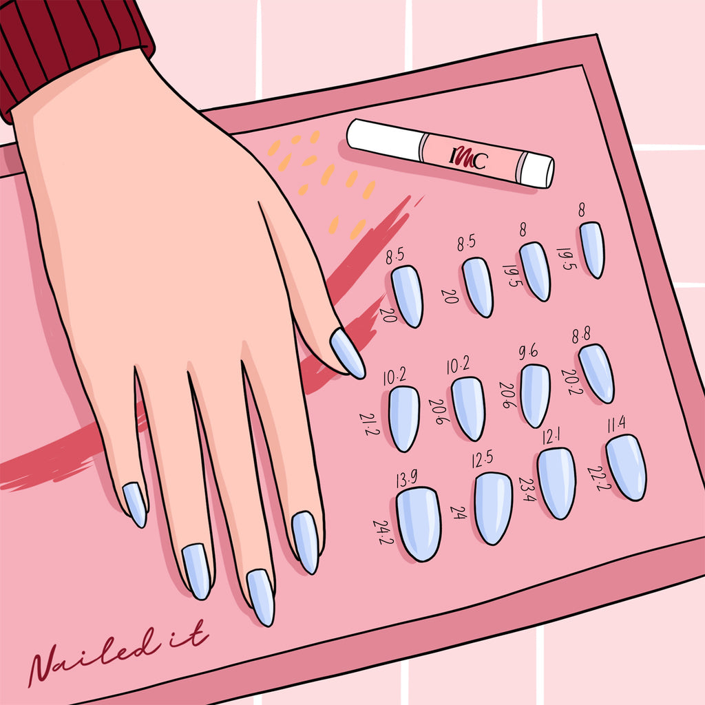 Instant Mani Co. almond short press on nails sizing chart