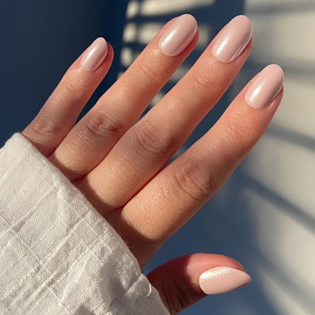 Girl wearing Instant Mani Co. Posy Pink Chrome press on nails 