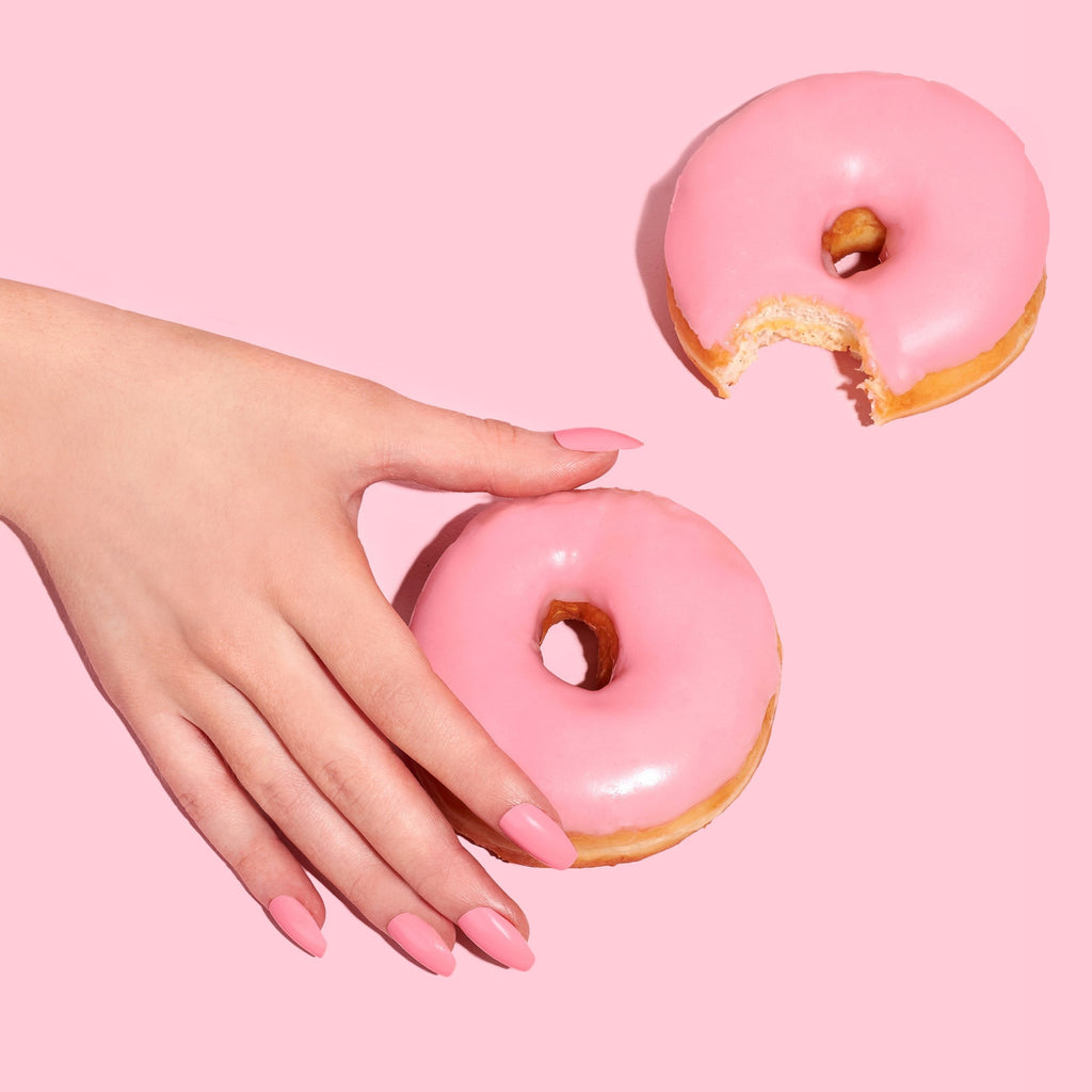 pink press on nails with pink doughnut 
